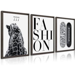 Trendy Leopard Wall Art Black White Cheetah Wall Decor Fashion Aesthetic Canvas Posters Preppy Stockholm Prints Stylish Cheetah Pictures Y2k Painting for Bedroom 16x24 Inch Framed Set of 3
