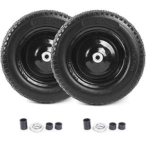 (2-PACK) 4.80/ 4.00-8" Flat Free Tire and Wheel - Universal Fit 14.5" Solid Wheelbarrow Tires with 3" Hub and 5/ 8" Bearings – Extra Adapter kit includes 3/ 4" Ball Bearings, 1" and 1/ 2" Nylon Spacers