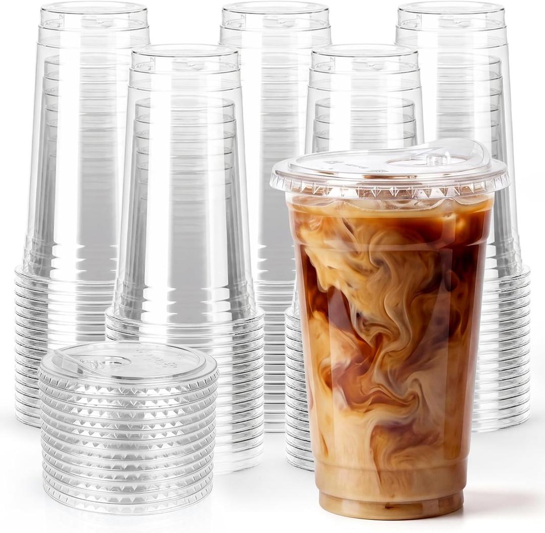 100 Pack 20 oz Clear Plastic Cups with Sip Lids, BPA Free Food Safe Disposable Iced Coffee Cups, Sturdy to Go Cups for Smoothies Cold Drinks Party