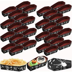 24 Pcs Halloween Coffin Snack Trays, Halloween Party Food Supplies Patterned Cardboard Paper Food Trays for Candy Storage Guest Serving Supplies(Spider)