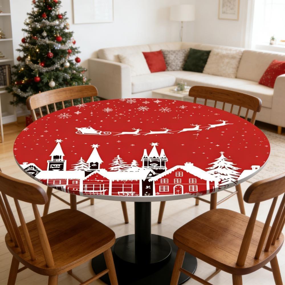 Pardick Red Christmas Round Fitted Tablecloth with Elastic Edge, Reindeer Santa Fitted Table Cloth Waterproof Wipeable Table Cover Holiday Tablecloth, Fits Tables up to 45"-56" Diameter