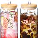 VITEVER 20 OZ Glass Cups with Bamboo Lids and Glass Straw - Beer Shaped Drinking Glasses Set, Iced Coffee Glasses, Cute Tumbler Cup, Aesthetic Coffee Bar Accessories, Gift - 2 Pack