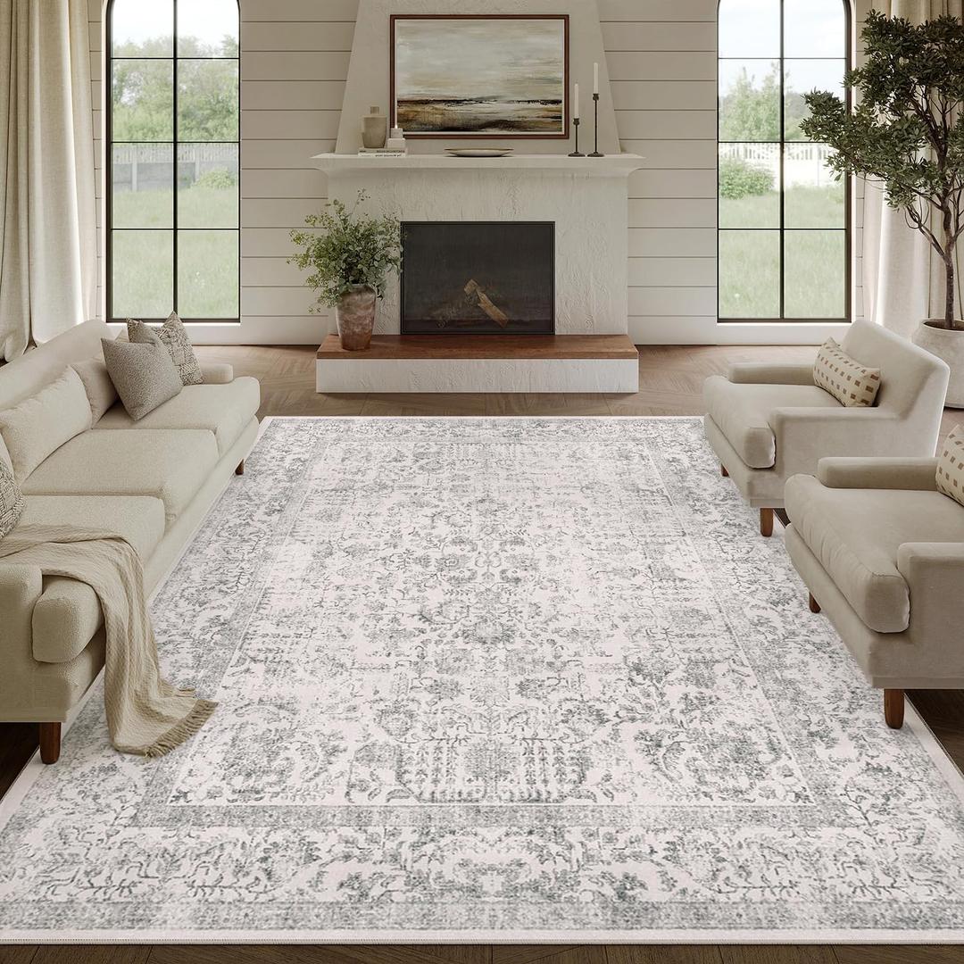 Gray Area Rug 9x12 Machine Washable Large Vintage Living Room Distressed Non Slip Carpet Traditional Indoor Bedroom Grey Retro Floral Accent Throw Rug for Office Kitchen Dining Room (9' x 12' (Rectangular), Accent | Grey)