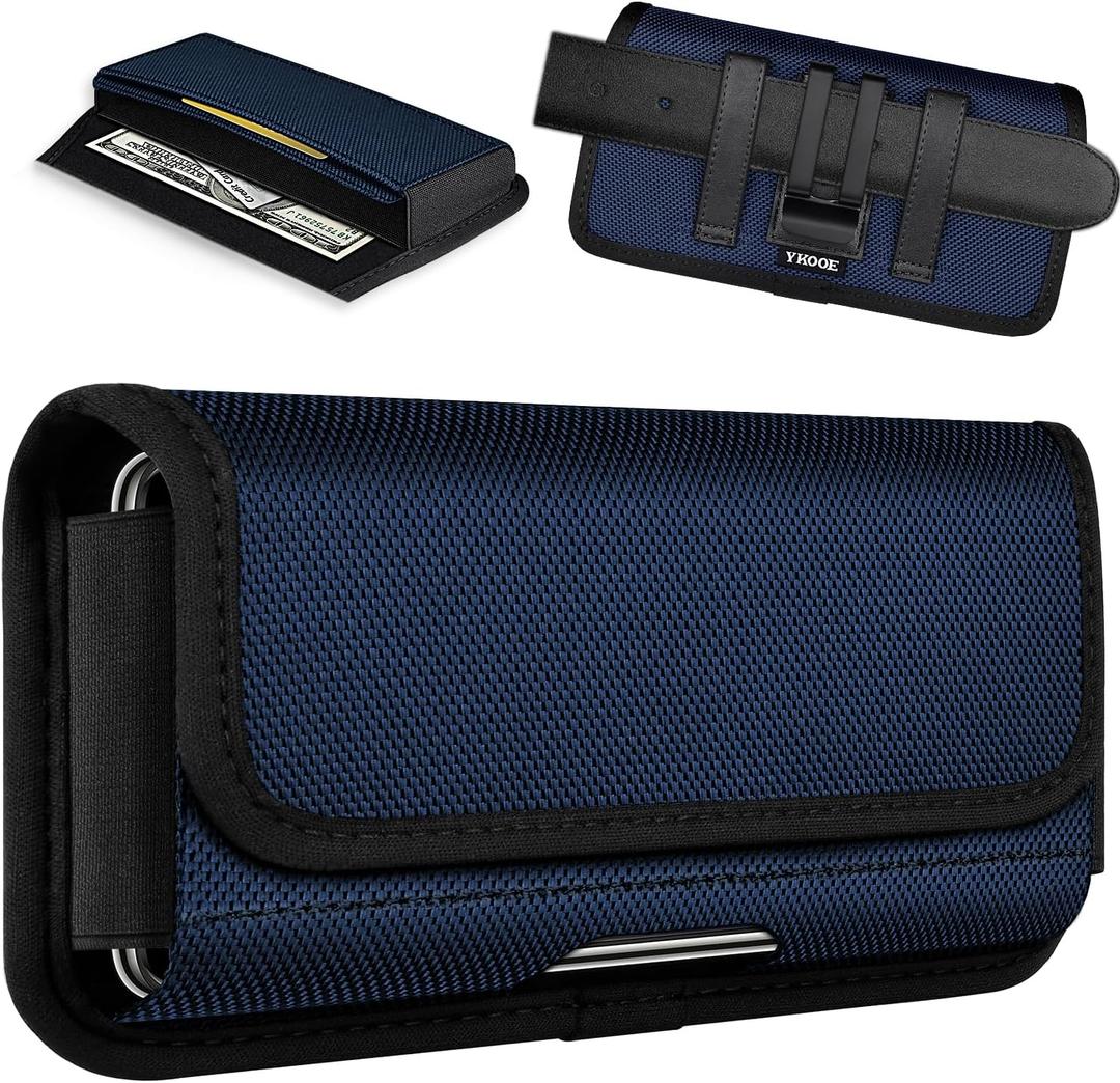 ykooe Rugged Nylon Holster Compatible with iPhone 17 16 15 14 13 12 & Pro Models, Galaxy S25, S24, S23, S22,S21 Cell Phone Belt Holder for Men, Blue - L