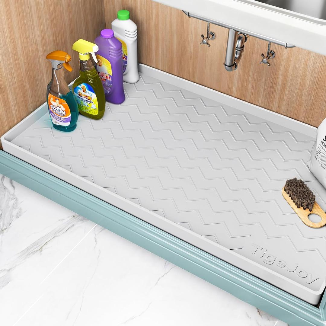 TigeJoy 31" x 22" Under Sink Mats for Kitchen Waterproof, Leak-Proof Silicone Mat Sink Protector and Cabinet Liner, Kitchen Essentials Organizer and Storage, Boot or Shoe Tray, Pet Feeding Mat (White)