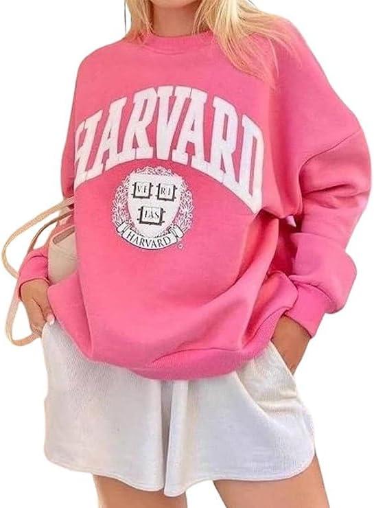 Womens Graphic Sweatshirts Oversize Crewneck Sweatshirt Long Sleeve Drop Shoulder Fleece Pullover, Size M, Pink