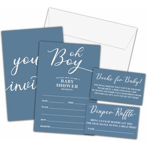 Boy Baby Shower Invitations Set, Modern Minimalist Invitations with Envelopes, Dusty Blue Diaper Raffle Tickets and Book Request Cards, Oh Boy Gender Reveal Party Supplies Decorations -11