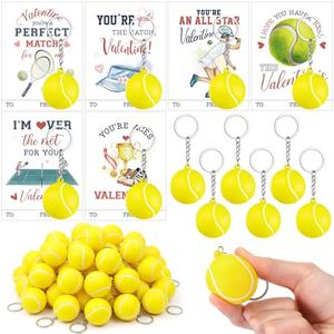 Aurelema 36 Set Valentines Tennis Sports Card Gifts for Kids Boys, Foam Stress Balls Keychains for Classroom Boys Exchange Gift Party Favor Supplies