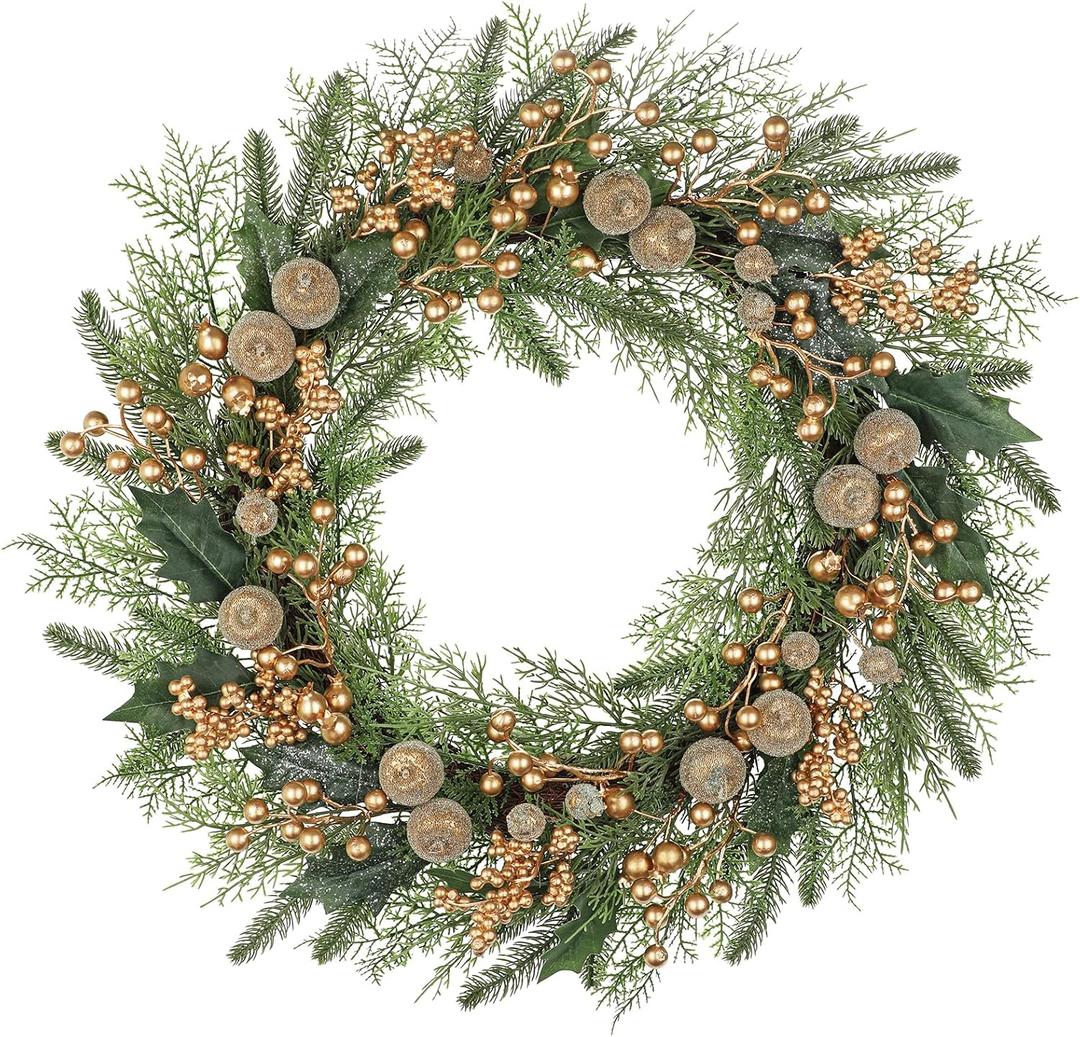 Artificial Christmas Wreath for Front Door - 24 Inch Winter Wreaths with Gold Berries & Frosted Apples Faux Greenery for Wall Window Porch Farmhouse Home Holiday Indoor Outdoor Decor