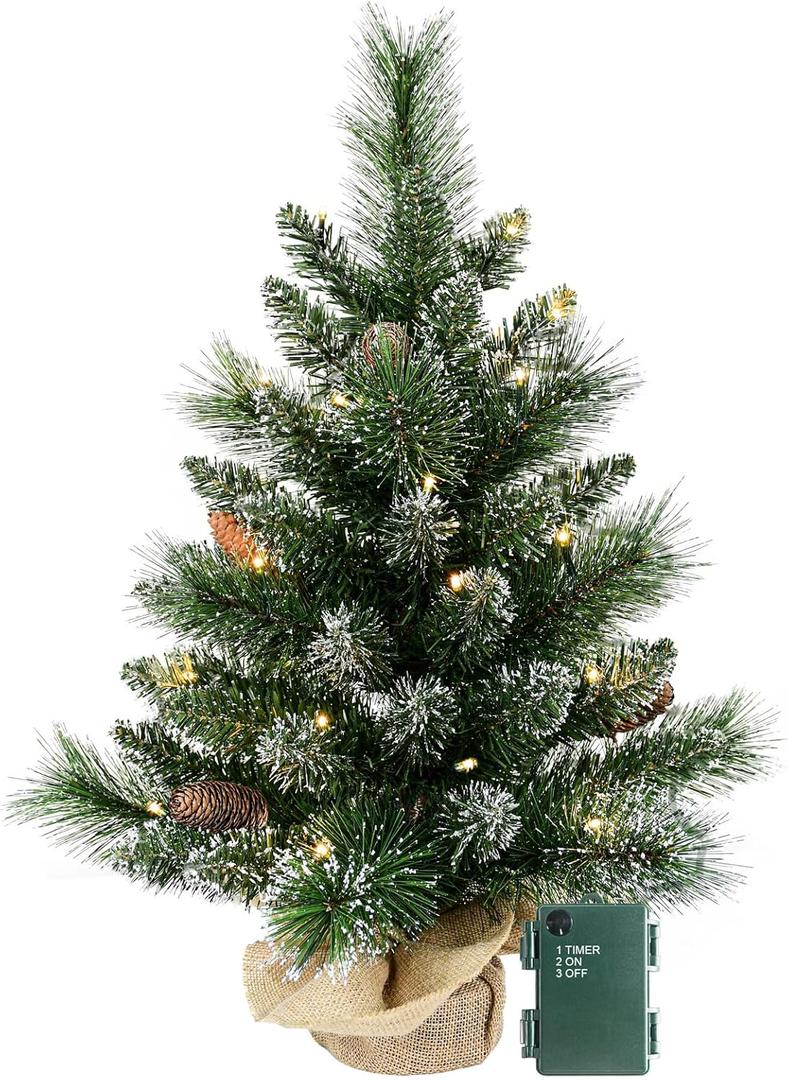 30 Led Warm Lights Pre-Lit Artificial Mini Christmas Tree, 2ft Snow Tipped Pine Artificial Christmas Tree,Seasonal Indoor Home Decor with Decorative Burlap Base