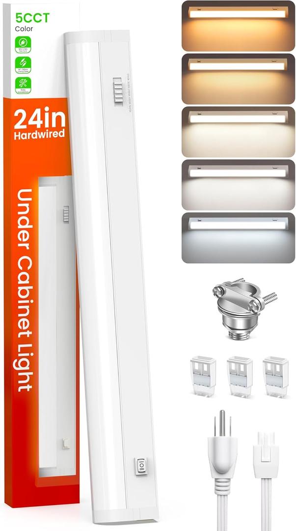 ALUSSO LIGHTING 24 Inch LED Under Cabinet Lighting Hardwired Plug in, 5CCT Color Selectable 2700K-5000K Dimmable 15W 1350LM High Brightness, Linkable Strip Under Counter Lights for Kitchen, UL Listed