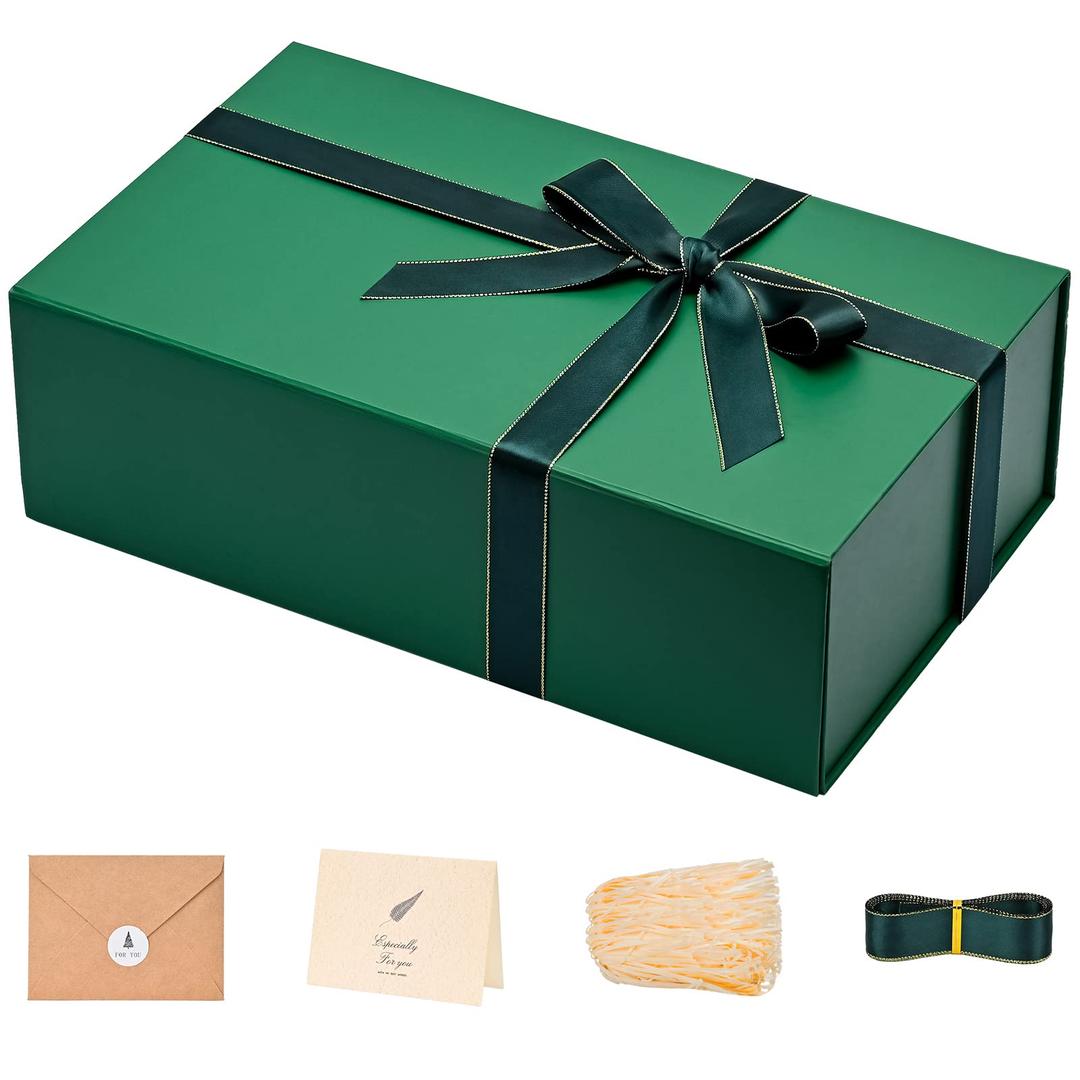 LIFELUM Green Gift Box for Presents 1 Pack 13.85 x 8.35 x 4.45 inch Big Decorative Large Gift Box for Clothes with Magnetic Lids Luxury Accessories Card, Ribbon, Filler,Sticker