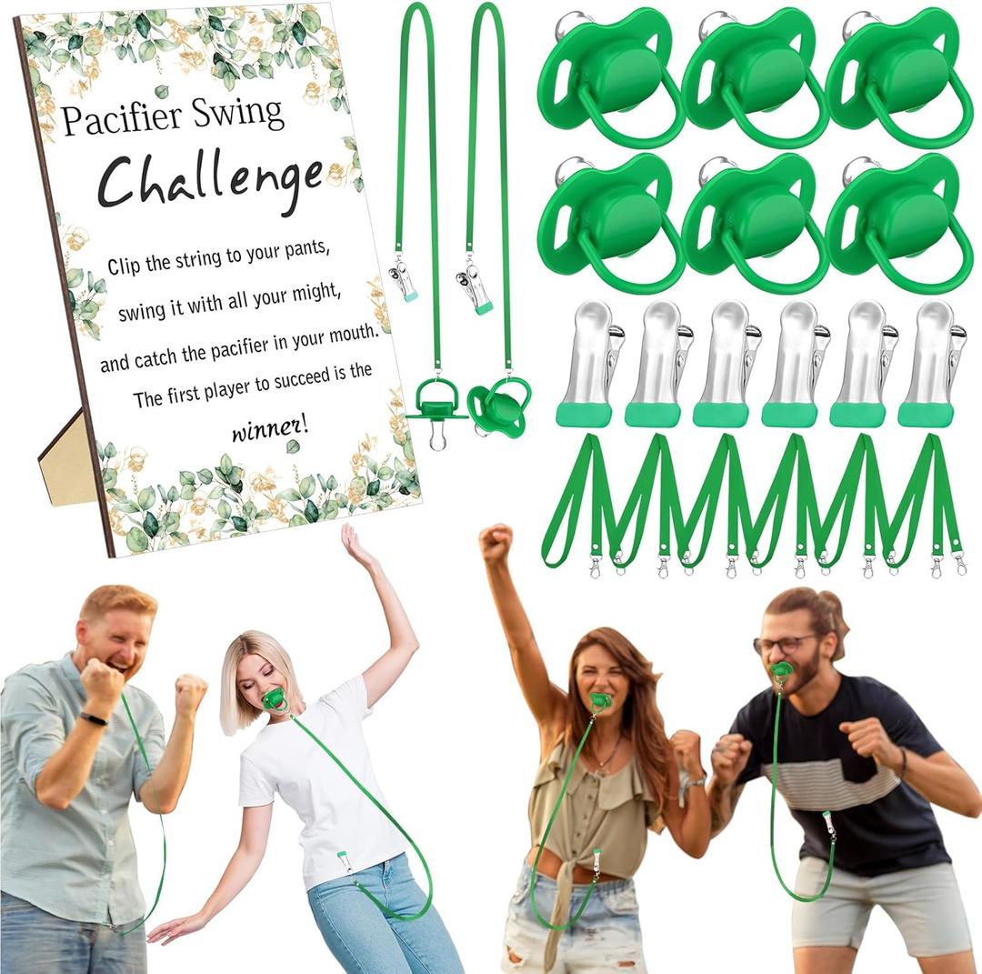 Geelin 6 Sets Swing Pacifier Shower Game Funny Gender Reveal Games, Include 1 Wooden Sign, 6 Pacifiers, 6 Clips, 6 Lanyards for Bridal Shower Gender Reveal Party Favor Women Men(Green Eucalyptus)