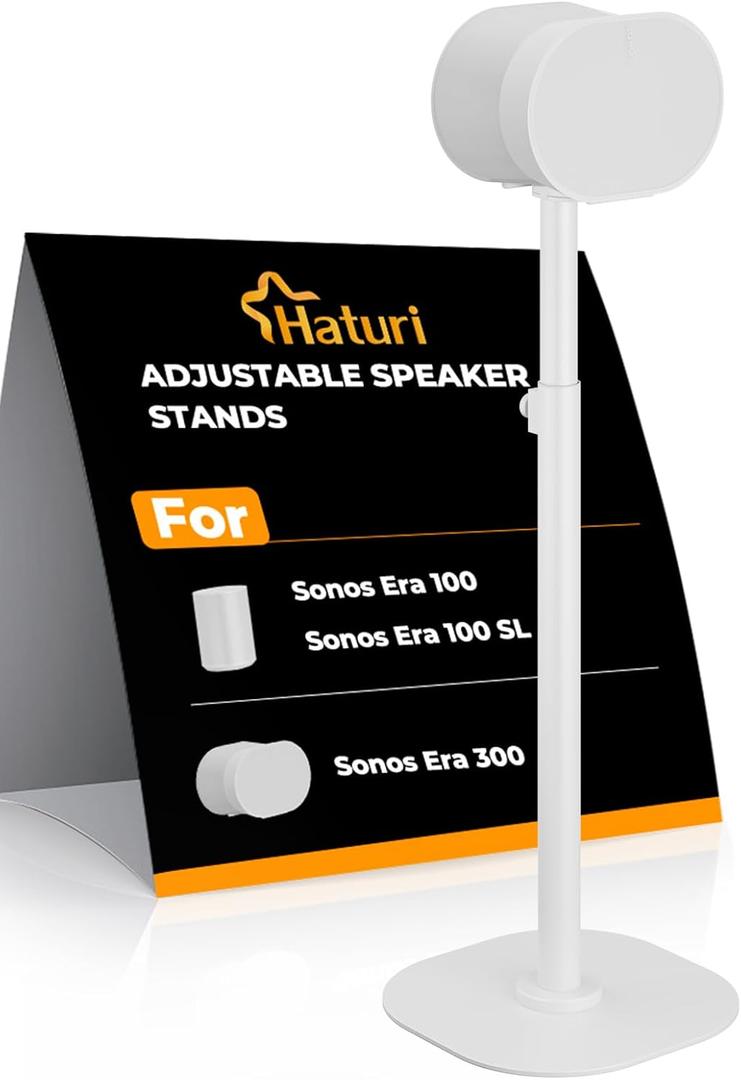 Haturi Single Speaker Stand for Sonos ERA 100, ERA 100 SL & ERA 300, 22"42'' Height Adjustable Floor Stand with Cable Management, Heavy Duty Metal Base for Living Room Bedroom Office,White