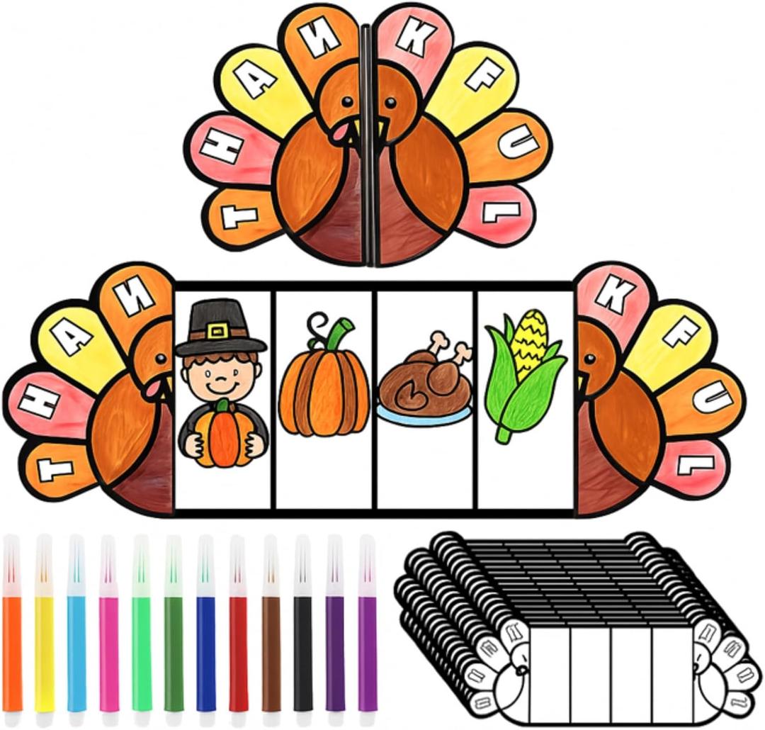 Dunzoom 48 Pcs Thanksgiving Turkey Craft Kits with 12 Watercolor Pens Color Your Own Paper DIY Crafts Thankful Turkey Decoration for Thanksgiving Fall Home Classroom School Party Supplies