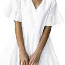 FANCYINN Womens V Neck Cute Shift Dress with Pockets Bell Sleeve Ruffle Hem Loose Swing Summer Tunic Mini Dress (Small, White)
