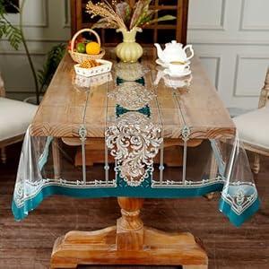 Artbloss Clear Table Protector Cover Vinyl PVC Tablecloth with Modern European Pattern Waterproof Oil Proof Wipeable Plastic Tablecloths for Home Kitchen Dining Table (Peacock, 55 x 120 Inches)