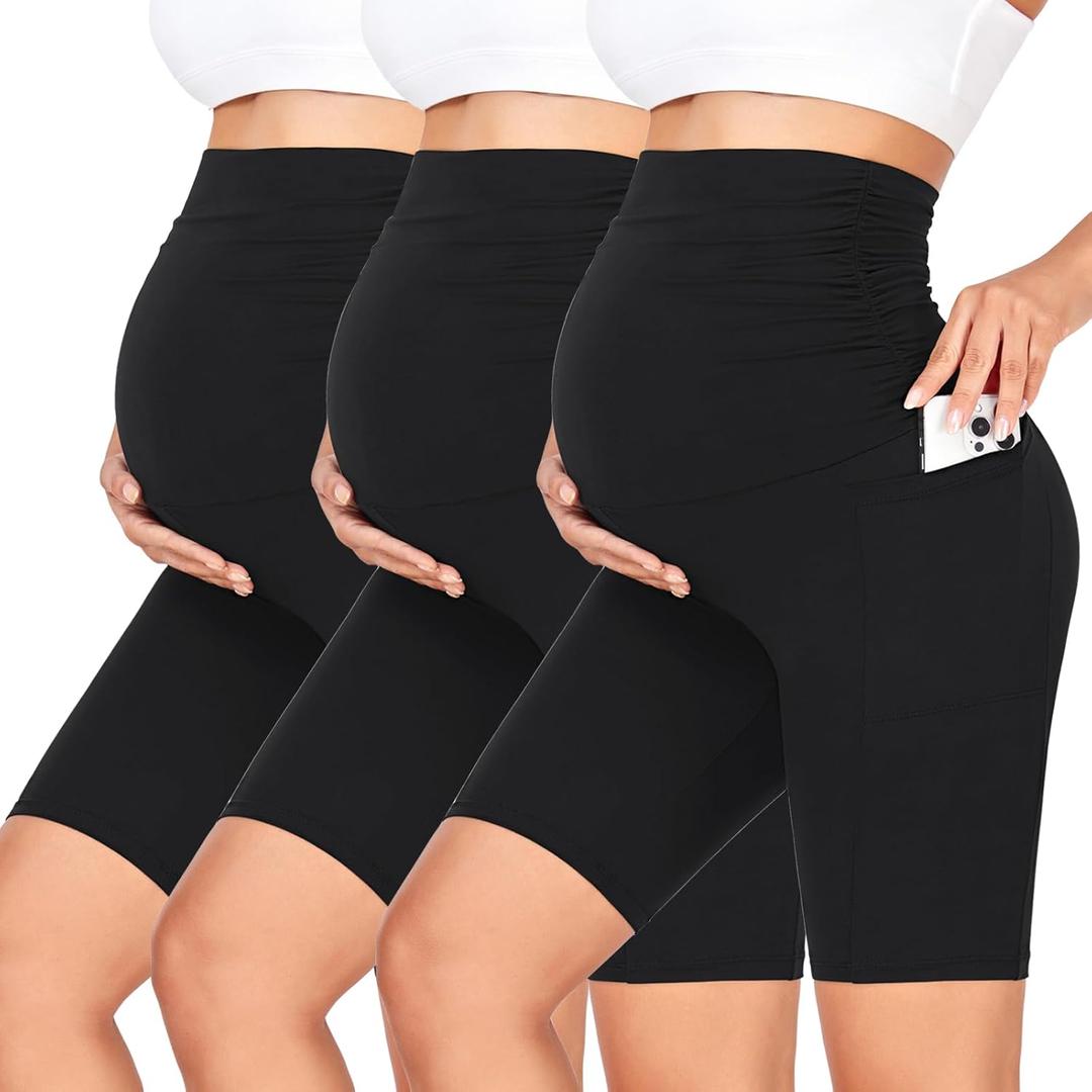 GROTEEN 3 Pack Women's Maternity Shorts Over Belly with Pockets - 8'' High Waisted Workout Yoga Pregnancy Biker Shorts (Black/Black/Black)