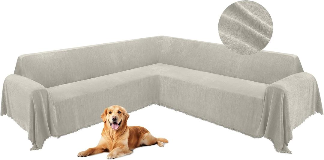 HDCAXKJ Corner Sectional Couch Covers for Dogs L Shape Sofa Cover with Tassel Chenille Super Soft Non Slip U Shaped Couch Cover Blanket Washable Sectional Slipcovers Protector (Khaki, 91x252 inch)