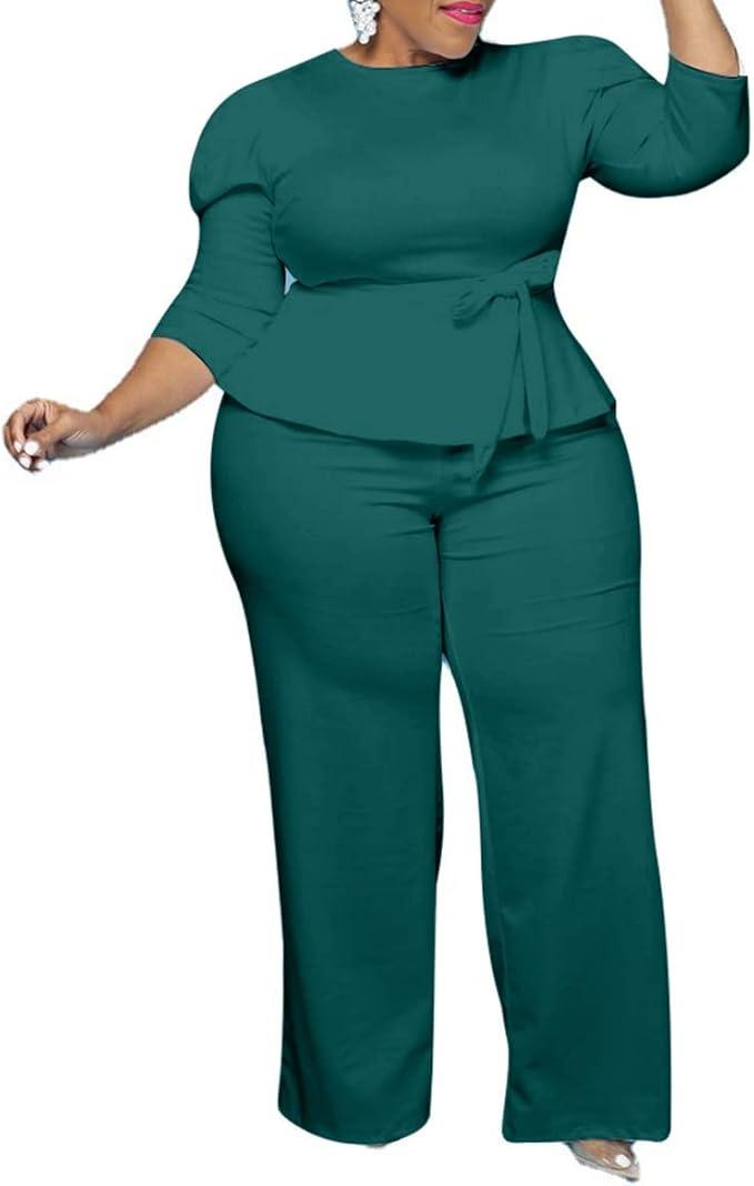 ThusFar Plus Size 2 Piece Outfits for Women Blazer Top Long Sleeve Long Pants Sets Casual Elegant Business Suit with Belt
 3XL