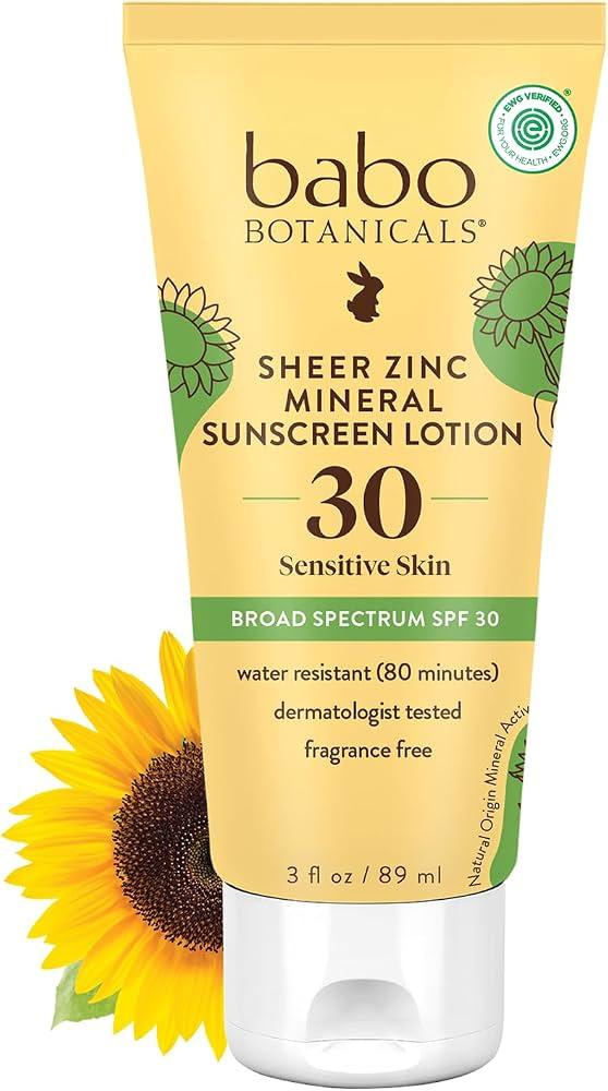 Babo Botanicals Zinc Sunscreen Lotion SPF 30 with 100% Mineral Actives, NonGreasy, WaterResistant, FragranceFree, Vegan, For Babies, Kids or Sensitive Skin, Clear, 3 Fl Oz