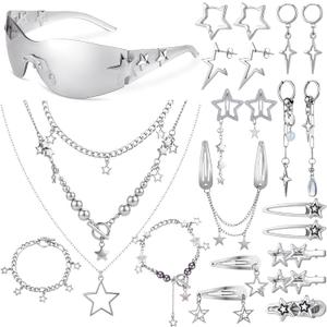 Y2K Accessories Set Y2k Star Sunglasses Silver Necklace Earrings Hair Clips Gothic Punk Style
