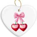 QIYUHOY Coquette Pink Bow Ornament Keepsake Sign,Preppy Cherry Gifts Ornaments for Christmas Tree, Ceramic Heart Keepsake Preppy Girly Gifts for Women, Hanging Ornaments