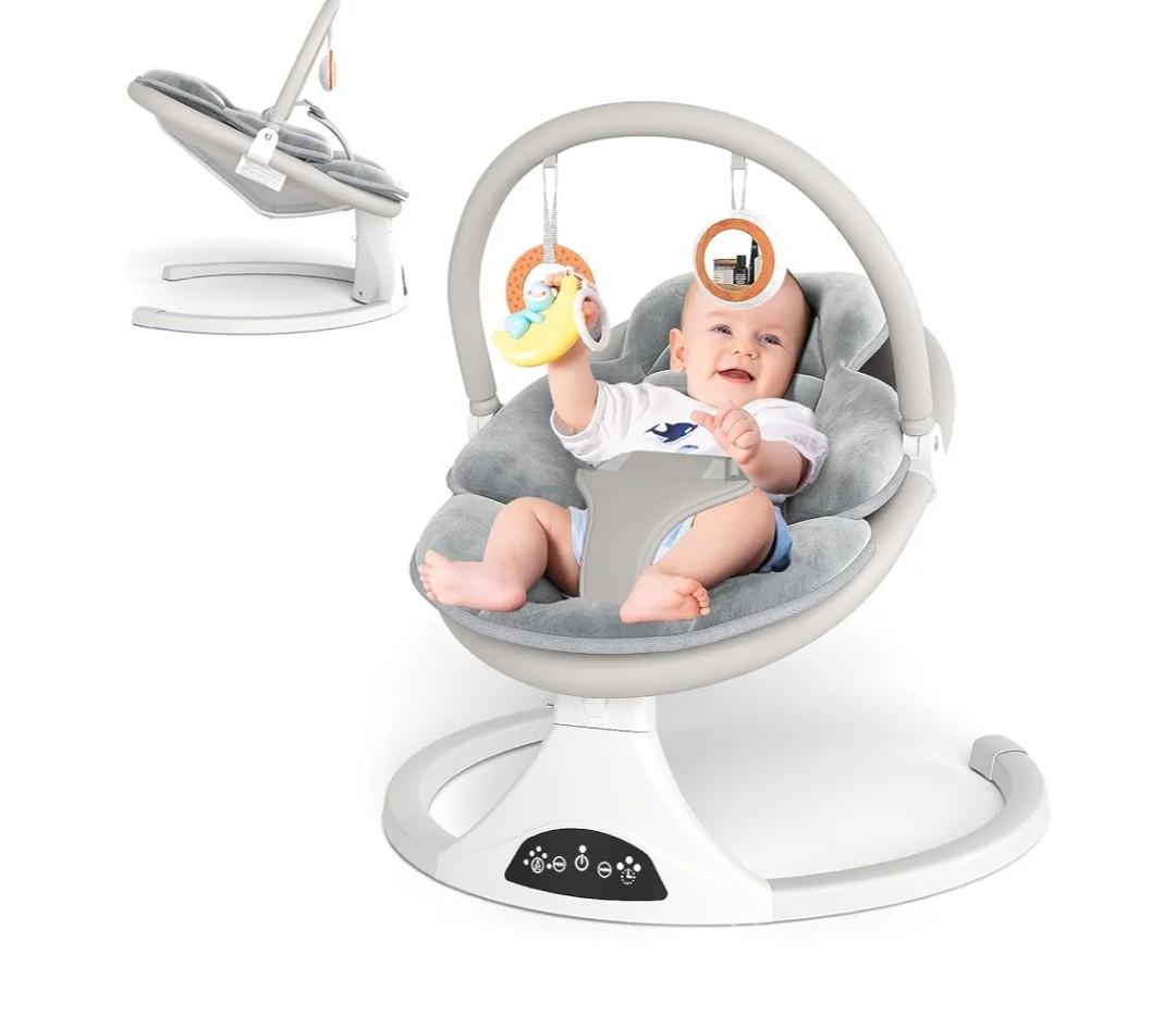 Electric Baby Swing with Remote Control - 5 Natural Motion Speeds, Detachable Seat Pad | Portable Infant Swing for Indoor/Outdoor Use (0-12M, 27lbs) (Gray)