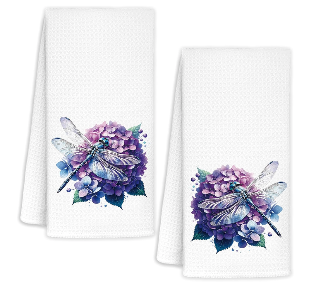 Purple Dragonfly Hydrangea Floral Kitchen Towels, Dragonfly Gifts for Women Hand Towels for Bathroom, Rustic Cottagecore Flower Insect Decorative Dish Tea Towel, 16x24 Inch Set of 2