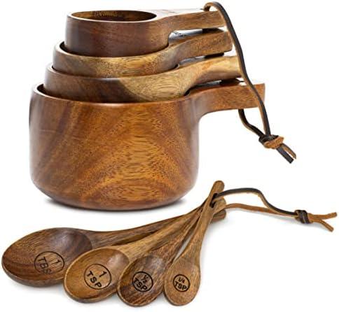 Kraft Kitchen Wooden Measuring Cups and Spoons Set - Wood Measuring Cups, Wooden Measuring Spoons Set, Wood Kitchen Accessories, Cute Measuring Cups, Measuring Set for Dry Ingredients
