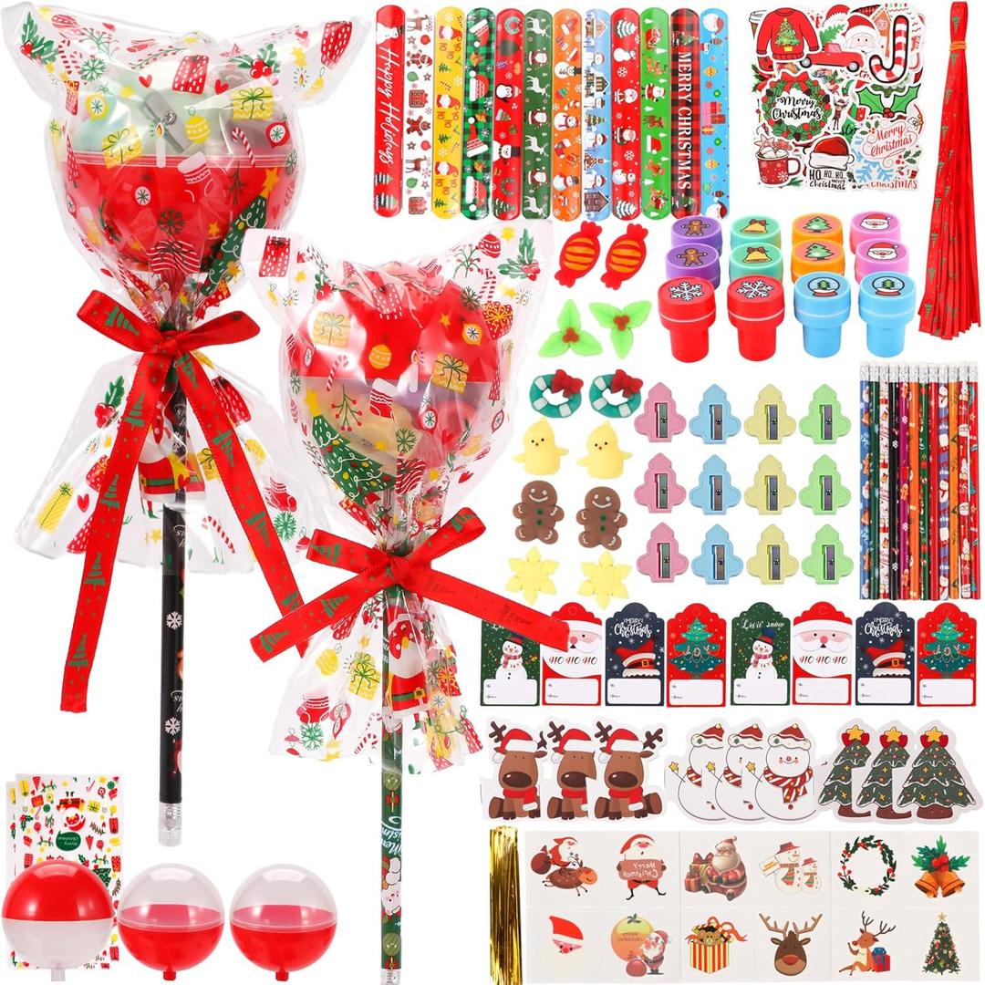 Totstio 172 Pcs Christmas School Stationery Set, Christmas Party Favors Xmas Classrooms Reward Prizes Bulk for Students Kids Xmas Stocking Stuffers School Goodie Bag Fillers
