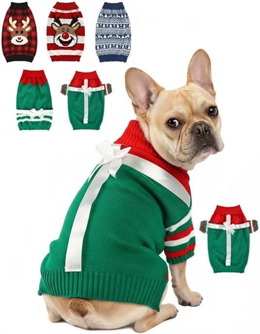Dog Christmas Sweater, Soft Warm Pet Clothes Coat for Small Medium Large Dogs and Cats Boy Girl, Fall Cozy Holiday Turtleneck Knitting Collar Pullover Pup Outfit Costume for Thanksgiving New Year (Red Green)