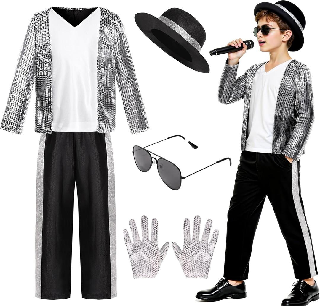 Kids Dance Star Costume Boys 80s Dance Costume 90s Pop Stage Outfits with Glasses Hat Gloves Halloween Cosplay Party (4-5 Years)