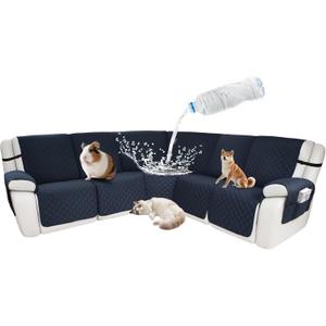Waterproof Sectional Reclining Couch Covers L Shaped Recliner Sectional Sofa Cover 7 Piece Non Slip Washable Corner Recliner Slipcover Set for Pet Dog (5 Seater Cover, Navy Blue)