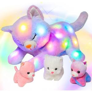 Hopearl LED Plush Cat Lighting Up Stuffed Mommy Cat with 3 Baby Kittens in her Tummy Stuffed Animal Playset Night Lights Glow in The Dark for Mom Kids Toddler Girls, Rainbow, 18''