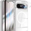 Magnetic for Google Pixel 10 pro Case, with 2X Screen Protector & 1X Camera Lens Protector, [Non-Yellowing] [Shockproof Military] Transparent Back Slim Bumper Cover Phone Case Google Pixel 10 pro (Clear)