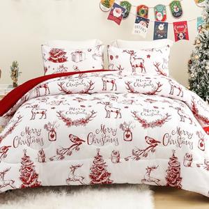 Exclusivo Mezcla Christmas Queen Comforter Set, 3 Pieces Reversible Winter Bedding Comforters Queen Size with Rust Red Printed Trees Reindeer Wreaths Pattern