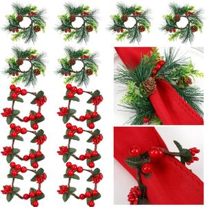 12 Pieces Christmas Napkin Rings Holder Pine Cones Poinsettia Pumpkin Wooden Napkin Rings Decor for Christmas Thanksgiving Birthday Party Supplies (Wreath Style)