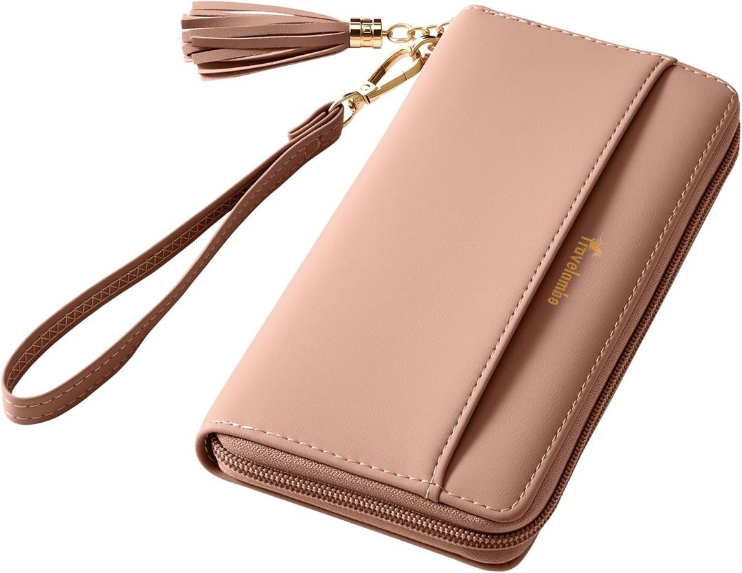 Travelambo Womens Wallet Tassel Bifold Ladies Cluth Wristlet Wrist strap Long Purse (Access Pink Lotus)