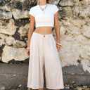 EXLURA Womens Linen Capri Pants Summer Wide Leg Palazzo Pant Cotton Dressy Casual Cropped Gaucho Pant Culottes with Pockets L