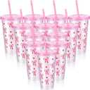 Kifmurase 12PCS 24Oz Pink Bow Plastic Cups Bulk Party Tumbler with Lid Straw, Reusable Coquette Bow Tie Cold Cups, Aesthetic Water Bottle Gift for Wedding Bridal Engagement Baby Shower Party Favors
