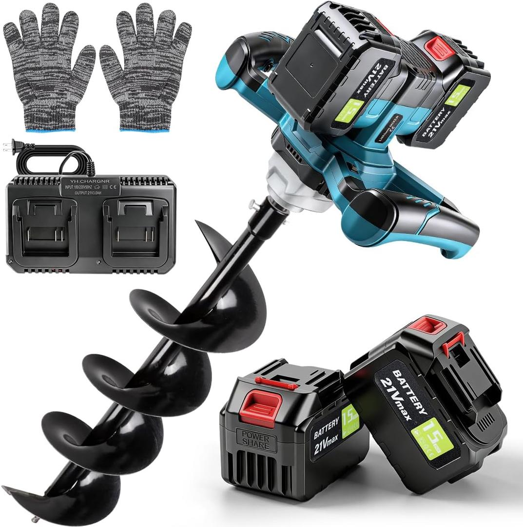 Post Hole Digger,Cordless Earth Auger,Electric Earth Auger,Includes 1twist drill bit with two batteries and one charger,With forward/reverse function，for Post Hole Digging, Drilling,Tree PlantingPlant