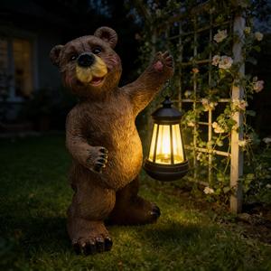 Solar Lantern Garden Statues Decor, 14" Large Outdoor Bear Figurine Lights for Yard Patio Decoration - Unique Christmas Housewarming Gifts for Grandma Wowen Mom Brown