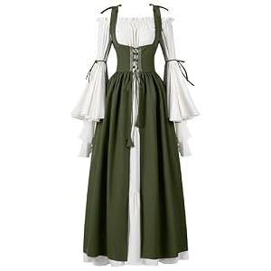Spooktacular Creations Renaissance Costume Women, Medieval Olive Chemise Ren Faire Dress Irish Overdress, Renaissance Corset with Trumpet Sleeve for Halloween Cosplay Wedding Themed Parties-XL