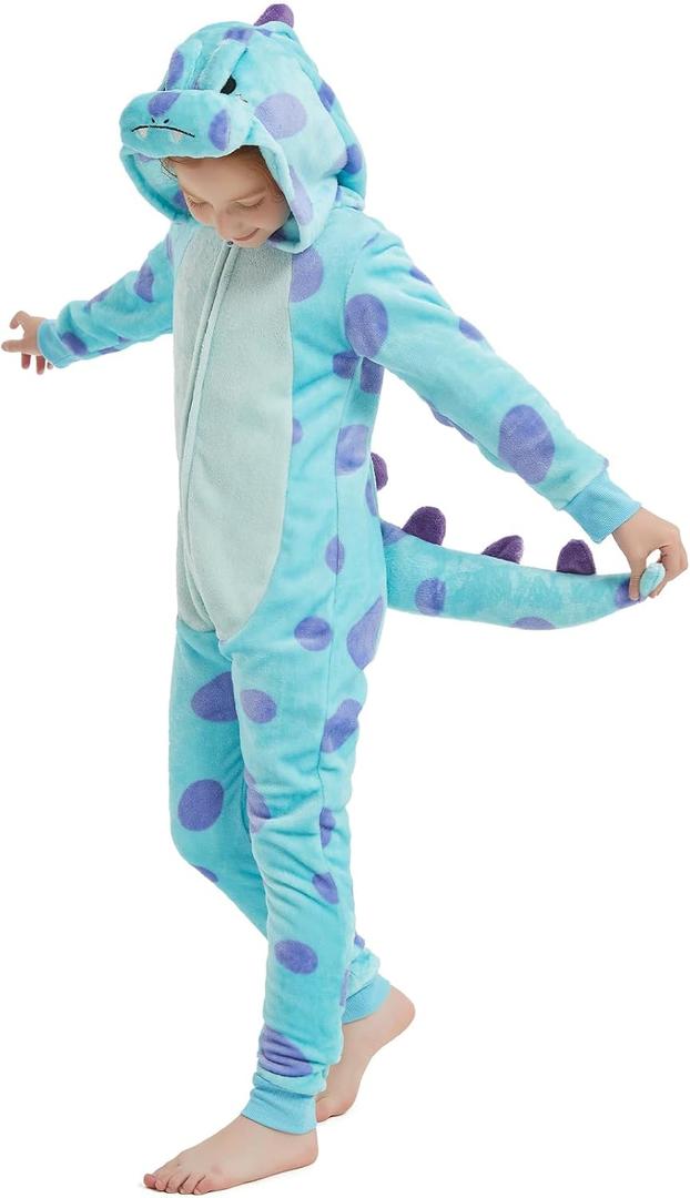 Kids Flannel Animal Onesie Costume Halloween Dress up Christmas for Girls and Boys (8 Years, Blue Dinosaur)
