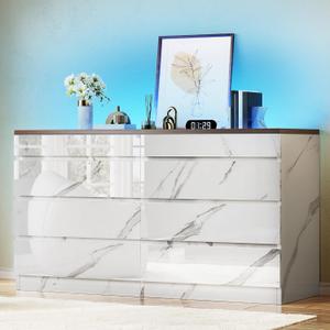 DWVO 8 Drawer Dresser with LED Light,White Marble Dresser, Modern 8 Chest of Drawers with Deep Drawers Glass Top High Gloss Surface, Storage Organizer Cabinet for Living Room, Bedroom