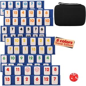 Mini Rummy Cube Game Set 6 Players with 6 Holders and 160 Rummy Tiles, Small Travel and Family Board Game for Adults and Kids
