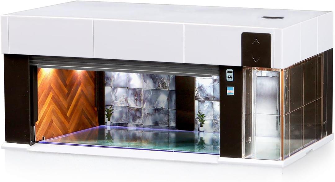 1/64 Scale Diecast Display Case for Hot Wheel Storage with LED Lights, Stackable Electric Garage with Voice Control, 3 Replaceable 3D Scenes Parking Lot Diorama for Model Cars (White)