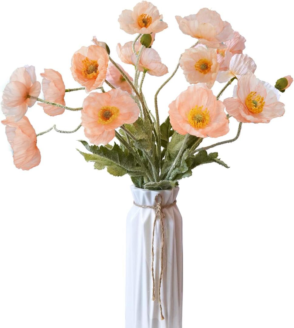 Artificial Flowers 5Pcs Poppies Flowers Artificial Silk Flowers for Home Office Wedding Outdoor Decor (Coral) (Coral)
