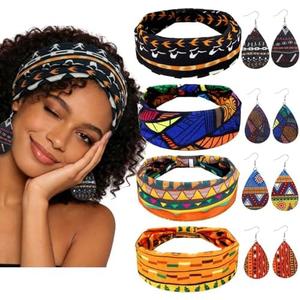MJFSGYO African Head Wraps for Black Women, 4 Pieces Non-Slip Stretchy Boho Headbands and 4 pairs Lightweight Teardrop African Leather Earrings, Bright Print Yoga Headwrap for Workout